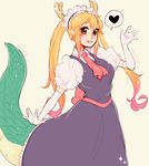  artist_name blonde_hair bow breasts cravat dragon_girl dragon_horns dragon_tail elbow_gloves gloves heart horns kobayashi-san_chi_no_maidragon long_hair maid_headdress medium_breasts orange_eyes puffy_short_sleeves puffy_sleeves savannah_(yugino) short_sleeves sidelocks smile solo spoken_heart tail tooru_(maidragon) twintails white_gloves 