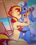  2017 anthro anthrofied bikini clothing duo equestria_girls equine eyes_closed female food friendship_is_magic hair hi_res holding_food holding_object horn hot_dog long_hair mammal multicolored_hair my_little_pony ohmymarton outside patreon sunset_shimmer_(eg) swimsuit tongue tongue_out trixie_(mlp) two_tone_hair unicorn 