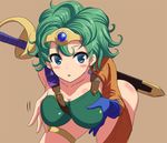  asymmetrical_clothes blue_eyes breasts circlet curly_hair dragon_quest dragon_quest_iv gloves green_hair heroine_(dq4) hyakuen_raitaa large_breasts short_hair slime_(dragon_quest) solo sword weapon 