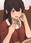  :d adjusting_hair akagi_(kantai_collection) alternate_costume bangs blurry blurry_background brown_eyes brown_hair casual chopsticks collarbone commentary_request dumpling eating food fuyube_gin_(huyube) hair_between_eyes hand_in_hair heart highres jewelry jiaozi kantai_collection lanyard long_hair official_style open_mouth plate red_shirt round_teeth shibafu_(glock23)_(style) shirt short_sleeves sidelocks smile solo speech_bubble spoken_heart straight_hair table tareme teeth tongue upper_body 