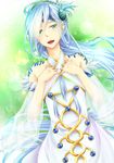  1girl aqua_eyes blue_hair blush dana_(ys) detached_sleeves dress green_background hair_ornament open_mouth very_long_hair ys ys_viii_lacrimosa_of_dana 