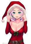  artist_name belt blue_eyes blush bow breasts christmas cleavage dragon_quest dragon_quest_x dress earrings fur_trim hat jewelry kz_ripo large_breasts looking_at_viewer open_mouth pink_hair red_dress riin_(dq10) santa_hat short_hair smile solo white_background 
