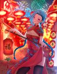  blue_hair braid breasts chinese_clothes cleavage cleavage_cutout fireworks jinx_(league_of_legends) league_of_legends lipstick long_hair petit_breasts pink_eyes thighhighs twin_braids 