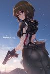  arms_note ass bag breasts brown_hair commentary_request copyright_name fukai_ryousuke gun handgun looking_at_viewer looking_back pistol school_bag short_hair small_breasts solo thighs weapon 