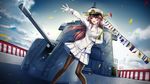  :d alcohol backlighting brown_hair champagne cloud confetti contemporary destroyer dutch_angle gloves hair_bun hat japan_maritime_self-defense_force japan_self-defense_force kantai_collection kongou_(jmsdf) kongou_(kantai_collection) looking_to_the_side mallizmora military military_uniform military_vehicle naval_uniform open_mouth outstretched_arm pantyhose peaked_cap pleated_skirt purple_eyes ship signal_flag skirt sky smile solo string_of_flags turret uniform warship watercraft 
