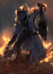  banned_artist black_pants blood bloodborne bloody_clothes boots coat decapitation fire hat holding holding_weapon hunter_(bloodborne) legs_apart long_sleeves male_focus open_clothes open_coat pants paseri severed_head solo standing strap weapon 