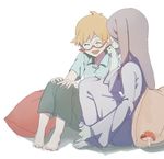  :d bad_id bad_twitter_id barefoot brown_hair chin_rest closed_eyes commentary_request freckles glasses henpei_saboten highres little_witch_academia long_hair lotte_jansson multiple_girls mushroom open_mouth orange_hair pajamas pale_skin pillow short_hair sitting smile sucy_manbavaran white_background 