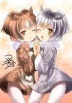  ;o bangs brown_eyes brown_hair buttons coat eurasian_eagle_owl_(kemono_friends) eyebrows_visible_through_hair fur_collar grey_hair head_wings holding_hands kemono_friends looking_at_viewer multiple_girls northern_white-faced_owl_(kemono_friends) one_eye_closed open_mouth pantyhose short_hair simple_background standing white_legwear yellow_eyes yua_(checkmate) 