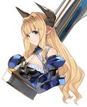  &gt;:) armor bangs banned_artist blonde_hair breasts cleavage closed_mouth cropped_torso draph eyebrows_visible_through_hair from_side granblue_fantasy grin hair_intakes holding holding_weapon horns large_breasts long_hair looking_at_viewer paseri pointy_ears rastina sidelocks simple_background smile solo v-shaped_eyebrows vambraces wavy_hair weapon white_background 