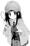  bangs banned_artist blunt_bangs blush cabbie_hat capelet chitanda_eru closed_mouth deerstalker detective hat holding hyouka jacket kimi_ni_matsuwaru_mystery long_hair looking_at_viewer magnifying_glass monochrome official_style open_clothes open_jacket paseri pleated_skirt pointing pointing_at_viewer sidelocks simple_background skirt smile solo tareme upper_body vest 