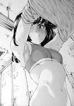  armpits arms_up bangs blunt_bangs blush bottomless breasts ceiling_light commentary dutch_angle from_below greyscale highres indoors locker locker_room long_hair looking_at_viewer looking_down medium_breasts monochrome nakajima_ryou navel nose_blush original out-of-frame_censoring pouty_lips shirt_removed solo sports_bra stomach sweat towel tsurime underboob undressing wet 