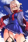  ahoge arm_behind_back artoria_pendragon_(all) ass_visible_through_thighs bangs black-framed_eyewear black_legwear blonde_hair blue_coat blue_skirt braid breasts cloud cloudy_sky coat commentary day duffel_coat energy_sword excalibur eyebrows_visible_through_hair fate/grand_order fate_(series) french_braid garter_straps glasses holding holding_sword holding_weapon looking_at_viewer matarou_(genkai_toppa) mysterious_heroine_x_(alter) neckerchief open_clothes open_coat outdoors panties plaid plaid_scarf red_neckwear red_scarf scarf scarf_over_mouth semi-rimless_eyewear skirt sky small_breasts solo sword sword_behind_back tied_hair underwear upskirt weapon white_panties yellow_eyes 