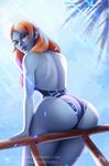  ass ass_support blue_skin lipstick long_hair looking_back makeup midna midna_(true) olga_narhova one-piece_swimsuit orange_hair pointy_ears purple_lipstick red_eyes signature sitting sitting_on_railing solo spoilers swimsuit the_legend_of_zelda the_legend_of_zelda:_twilight_princess watermark web_address yellow_sclera 