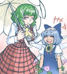 2girls :d ^_^ arms_at_sides ascot blue_bow blue_dress blue_hair blush bow cirno clenched_hands closed_eyes cowboy_shot dress eyebrows_visible_through_hair flower frilled_sleeves frills gradient gradient_background green_hair hair_bow hand_on_another's_head hands_up happy hell_angel hidden_star_in_four_seasons holding holding_umbrella ice ice_wings kazami_yuuka laughing leaf long_sleeves multiple_girls open_mouth parasol petting plaid plaid_skirt plaid_vest puffy_short_sleeves puffy_sleeves shirt short_hair short_sleeves skirt skirt_set smile sunflower tan tanned_cirno touhou umbrella vest wing_collar wings 