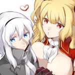 anne_bonny_(fate/grand_order) blonde_hair blue_eyes breasts citron_82 cleavage fate/grand_order fate_(series) hairband heart holding_hands large_breasts long_hair mary_read_(fate/grand_order) multiple_girls red_eyes short_hair_with_long_locks silver_hair two_side_up 