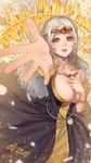  beatrice_(crusaders_quest) breasts cleavage crusaders_quest dated flower grey_eyes hands highres jewelry large_breasts long_hair looking_at_viewer necklace outstretched_hand silver_hair smile solo squidsmith 