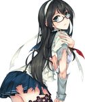  ass black_hair blue_eyes blue_skirt closed_mouth commentary_request epaulettes eyebrows_visible_through_hair from_side glasses hair_between_eyes hand_on_own_arm headband highres kantai_collection long_hair long_sleeves looking_at_viewer ooyodo_(kantai_collection) pleated_skirt rinarisa school_uniform serafuku simple_background skirt solo standing straight_hair thighhighs torn_clothes white_background 
