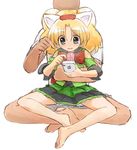  1boy 1girl :d animal_ears ankles barefoot blonde_hair blue_eyes bow cat_ears detached_sleeves earrings green_dress iphone jewelpet miria_marigold_mackenzie red_bow sitting sitting_on_lap soles toes twintails white_background 