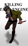  black_hair blazer blood bloody_clothes english full_body glasses gradient gradient_background henry_the_green_engine highres jacket kendy_(revolocities) knife male_focus opaque_glasses personification school_uniform simple_background solo thomas_the_tank_engine 