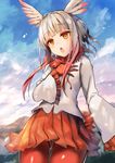  amamitsu_kousuke bangs blue_sky blunt_bangs cloud cloudy_sky day gloves head_wings japanese_crested_ibis_(kemono_friends) kemono_friends long_sleeves looking_at_viewer multicolored_hair open_mouth outdoors pantyhose pleated_skirt red_gloves red_hair red_legwear shirt skirt sky solo tail thigh_gap two-tone_hair white_hair white_shirt yellow_eyes 