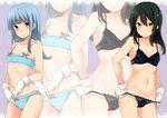  :| absurdres black_bra black_hair black_panties blue_bra blue_eyes blue_hair blue_panties blush bow bow_bra bow_panties bra breasts cleavage closed_mouth collarbone detexted eyebrows_visible_through_hair gloves green_eyes hair_ornament hairclip hatsukaze_(kantai_collection) highres hime_cut kantai_collection lace lace-trimmed_bra lace-trimmed_panties long_hair looking_at_viewer multiple_girls nagami_yuu navel oyashio_(kantai_collection) panties panty_lift panty_pull purple_background scan small_breasts smile third-party_edit underwear underwear_only zoom_layer 