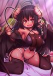  :d absurdres ahoge armpits arms_up bangs bare_shoulders bed bed_sheet black_hair black_legwear breasts bridal_gauntlets brown_eyes choker cleavage cleavage_cutout covered_nipples cross-laced_clothes curtains curvy dark_skin demon_girl demon_horns demon_tail demon_wings eyebrows_visible_through_hair eyes_visible_through_hair fang frilled_pillow frills garter_straps groin hair_between_eyes happy heart heart-shaped_pupils highres horns impossible_clothes indoors kur_(kur0320) large_breasts light_rays long_hair looking_at_viewer navel no_shoes o-ring on_bed open_mouth original pillow pointy_ears raised_eyebrows revealing_clothes shiny shiny_clothes shiny_hair shiny_skin sideboob sidelocks sitting skin_tight skindentation smile solo spiked_wings stirrup_legwear stomach succubus symbol-shaped_pupils tail taut_clothes thighhighs thighs toeless_legwear tongue very_long_hair wariza wings 