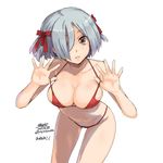  :3 artist_name bikini breasts brown_eyes cleavage copyright_request dated hair_over_one_eye hair_ribbon highres large_breasts leaning_forward navel outstretched_hand parted_lips red_bikini ribbon short_hair silver_hair simple_background solo string_bikini swimsuit white_background yaya_hinata 
