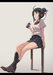 ahoge bangs banned_artist black_hair black_legwear black_skirt brown_eyes brown_footwear can collared_shirt crossed_legs drinking_straw eyebrows_visible_through_hair grey_background holding holding_can kimi_no_na_wa kneehighs letterboxed loafers looking_up miniskirt miyamizu_mitsuha parted_lips paseri pleated_skirt ponytail red_string shirt shoes short_hair short_sleeves sidelocks simple_background sitting sitting_on_railing skirt solo string swept_bangs thighs white_shirt 