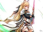  animal_ears armor backless_outfit bangs blonde_hair blush braid breastplate choker eltnage erune from_side gloves granblue_fantasy holding holding_sword holding_weapon long_hair open_mouth pink_eyes ribbon shield simple_background smile solo sword thighhighs thighs tied_hair weapon yuisis_(granblue_fantasy) 