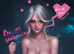  blush breasts ciri cleavage confession eyeshadow facial_scar green_eyes heart looking_at_viewer makeup medium_breasts nude olga_narhova scar scar_on_cheek short_hair signature silver_hair solo the_witcher the_witcher_3 valentine 