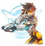  ass bodysuit bomber_jacket brown_jacket commentary cross-laced_legwear ddhew english_commentary goggles grin gun handgun harness holding holding_gun holding_weapon jacket orange_bodysuit overwatch pistol salute sleeves_pushed_up smile solo spiked_hair tracer_(overwatch) two-finger_salute weapon 