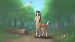  16:9 2016 antlers arthropod brown_hair butterfly cervine deer female flat_chested forest fur hair horn insect long_hair looking_up mammal navel nipples nude open_mouth outside paintrfiend solo spots spotted_fur taur tree 