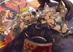  :d animal animal_ears arched_back arm_up armlet ass bare_shoulders black_gloves bracelet breasts cleavage cross-laced_clothes cross-laced_footwear dark_skin earrings erune flower gloves granblue_fantasy green_eyes grey_hair hair_flower hair_ornament hairband jewelry kneeling leaning_forward long_hair mask medium_breasts melleau multiple_girls nemone open_mouth paw_gloves paws polearm shirabi smile thighhighs very_long_hair weapon 