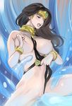  blush bracelet breasts brown_eyes brown_hair dytm headpiece highres jewelry large_breasts long_hair nipples onna_senshi_(dytm) open_mouth original pussy self_fondle slingshot_swimsuit solo swimsuit tentacles uncensored 
