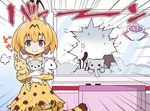  &gt;:) animal_ears blonde_hair blush broken_glass brown_eyes commentary_request crane_game emphasis_lines eyebrows_visible_through_hair fume glass hair_between_eyes high-waist_skirt holding japari_symbol kemono_friends looking_at_viewer o_o rioshi serval_(kemono_friends) serval_ears serval_print serval_tail shirt short_hair skirt sleeveless sleeveless_shirt smile solo striped_tail stuffed_animal stuffed_elephant stuffed_serval stuffed_toy tail v-shaped_eyebrows white_shirt you're_doing_it_wrong 