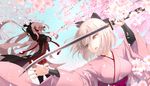  black_bow bow breasts cherry_blossoms commentary_request dark_skin dress dual_persona fate/grand_order fate_(series) hair_bow hair_ribbon holding holding_sword holding_weapon japanese_clothes katana kimono koha-ace large_breasts long_hair long_sleeves medium_breasts multiple_girls nichiru obi okita_souji_(alter)_(fate) okita_souji_(fate) okita_souji_(fate)_(all) open_mouth red_dress red_ribbon ribbon sash short_dress silver_eyes silver_hair sword twitter_username underboob very_long_hair weapon white_hair wide_sleeves 