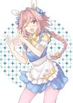  ;d alternate_costume apron astolfo_(fate) blush braid citron_82 enmaided fang fate/apocrypha fate_(series) heart heart_hands long_hair looking_at_viewer maid maid_apron male_focus moe_moe_kyun! one_eye_closed open_mouth otoko_no_ko pink_hair ponytail smile solo 