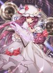  :o bangs blurry book bow commentary_request cravat crescent crescent_moon_pin depth_of_field dress foreshortening frilled_hat frilled_sleeves frills gears grimoire hat hat_ribbon holding holding_book light long_hair long_sleeves looking_at_viewer low-tied_long_hair magic_circle nekoguruma open_book open_mouth patchouli_knowledge purple_eyes purple_hair purple_ribbon red_bow red_ribbon ribbon solo standing touhou tsurime v-shaped_eyebrows very_long_hair white_dress white_hat 