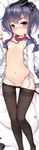  black_hair black_legwear blush breasts brown_eyes cameltoe chiyami collar dakimakura hairband hat highleg highleg_panties highres kantai_collection leash mini_hat navel nipples off_shoulder open_clothes open_shirt panties panties_under_pantyhose pantyhose pantyhose_pull sailor_collar shirt short_hair_with_long_locks side-tie_panties small_breasts smile solo string_panties thighband_pantyhose tokitsukaze_(kantai_collection) underwear white_panties 