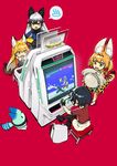  animal_ears arcade_cabinet backpack bag black_footwear black_hair black_skirt bow bowtie chair check_commentary commentary commentary_request crossed_legs ezo_red_fox_(kemono_friends) fox_ears fox_tail gloves hat hat_feather helmet highres jacket jacky_bryant kaban_(kemono_friends) kemono_friends long_hair long_sleeves lucky_beast_(kemono_friends) miwa_shirou motion_blur multiple_girls onsen_symbol pantyhose pith_helmet playing_games pleated_skirt red_background red_shirt serval_(kemono_friends) serval_ears serval_print serval_tail shirt shoes short_hair shorts silver_fox_(kemono_friends) sitting sitting_on_object skirt striped_tail tail tearing_up tetsuzankou trembling virtua_fighter washpan white_shorts yellow_eyes yuki_akira 