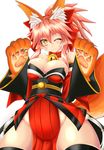  :3 animal_ears bell bell_collar breasts cleavage collar fate/grand_order fate_(series) fox_ears fox_tail groin hair_ribbon highres kumapan large_breasts long_hair looking_at_viewer md5_mismatch one_eye_closed paws pink_hair ribbon simple_background solo tail tamamo_(fate)_(all) tamamo_cat_(fate) white_background yellow_eyes 