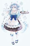  absurdres animal apron bad_id bad_pixiv_id beamed_eighth_notes beamed_sixteenth_notes bird blue_eyes blue_hair borrowed_design drink drinking_straw eighth_note full_body gloves gocoli hair_ornament hatsune_miku highres holding holding_tray kneehighs long_hair looking_at_viewer maid_apron maid_headdress musical_note musical_note_print print_skirt quarter_note ribbon ribbon-trimmed_clothes ribbon-trimmed_sleeves ribbon_trim sandals skirt smile snowflakes solo staff_(music) tabi tray twintails very_long_hair vocaloid wa_maid wide_sleeves yuki_miku zouri 