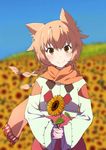  blurry blurry_background blush braid brown_eyes depth_of_field field fingernails flower highres holding holding_flower ithea_myse_valgulious karamell light_brown_hair long_hair looking_at_viewer multiple_braids pointy_hair scarf shuumatsu_nani_shitemasu_ka? smile solo sunflower upper_body wide_sleeves 