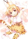  :d animal_ears armpits bare_shoulders blonde_hair blush bow bowtie breasts elbow_gloves extra_ears eyebrows_visible_through_hair fang gloves gunp kemono_friends looking_at_viewer medium_breasts open_mouth paw_pose serval_(kemono_friends) serval_ears serval_print serval_tail sideboob simple_background sleeveless smile solo sparkle tail thighhighs white_background yellow_eyes 