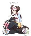  1girl brown_hair double_bun geechisu_(pokemon) hyakuen_raitaa long_hair mei_(pokemon) pantyhose pokemon pokemon_(game) pokemon_bw2 sitting twintails visor_cap 