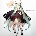  aiko_(kanl) antennae bad_id bad_pixiv_id black_dress butterfly_wings character_name copyright_name dress flower full_body green_eyes green_hair hatsune_miku long_hair minigirl sitting solo twintails very_long_hair vocaloid wings 