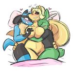  &lt;3 2017 anthro anthrofied antlers axey bed big_breasts bill_(skybluefox) black_fur blonde_hair blue_fur blush breast_squish breasts canine cuddling eyes_closed female fox fur green_fur group hair hand_on_back hand_on_breast horn jackalope kilinah lagomorph lucario male mammal multi_tail navel ninetales nintendo on_bed pok&eacute;mon pok&eacute;morph ponytail rose_(skybluefox) sketch smile thick_thighs video_games 