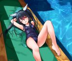  akabane_hibame barefoot black_hair blue_swimsuit full_body hand_behind_head head_wings long_hair looking_at_viewer lying multicolored_hair old_school_swimsuit one-piece_swimsuit one_eye_closed original poolside puddle red_eyes red_hair school_swimsuit solo swimsuit twintails twitter_username two-tone_hair water 