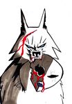  2017 black_nose black_sclera blood blue_eyes bust_portrait canine fangs feral frown fur jinksa looking_at_viewer mammal mask notched_ear portrait samurai_jack shadow simple_background snout solo teeth white_background white_fur wolf wounded 