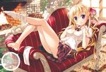  barefoot blonde_hair blush bow bowtie breasts carpet character_request cleavage closed_mouth couch day dengeki_moeou fireplace frilled_bow frills fujima_takuya hair_bow hair_ornament highres indoors kneehighs leg_up legs light_rays long_hair looking_at_viewer lying medium_breasts navel on_couch open_clothes panties pink_bow plaid plaid_skirt plant purple_hair scan shirt short_sleeves single_kneehigh skirt smile solo star star_hair_ornament sunbeam sunlight toes twintails unbuttoned unbuttoned_shirt underwear white_legwear white_panties white_shirt 